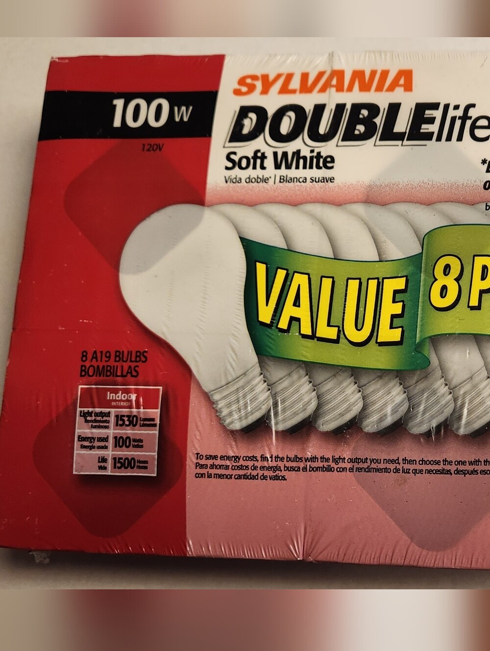 Sylvania Double Life 100w Soft White Light Bulbs 8 Pack VTG New Sealed